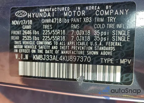 2019 Hyundai Tucson Limited из США, поврежденный, VIN KM8J33AL4KU897370